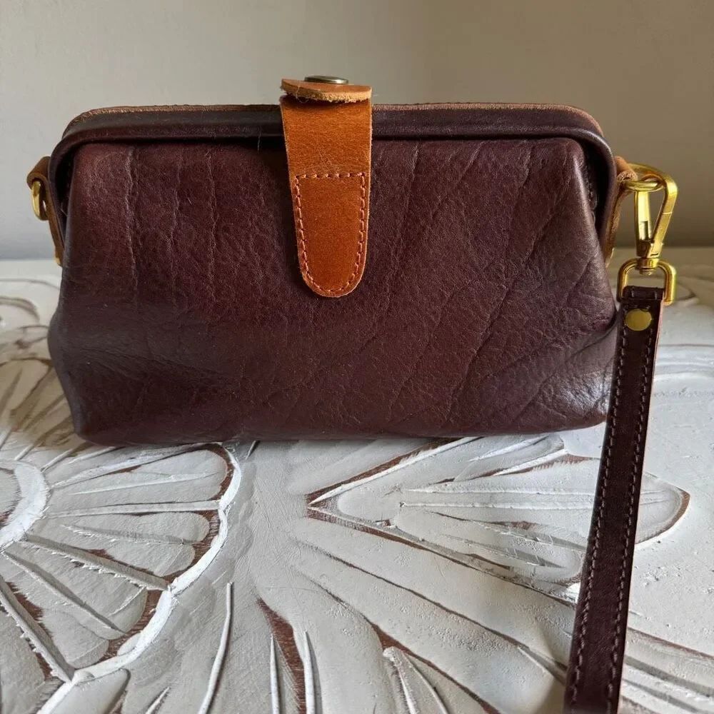 Brown leather handmade clutch with crossbody strap